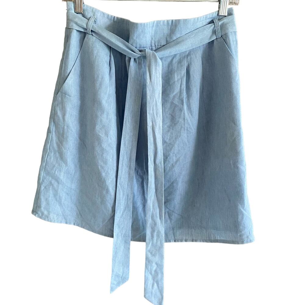 Chambray Skirt L Pockets  Tie Belt Lined Elastic Back Emmalee Anthropologie